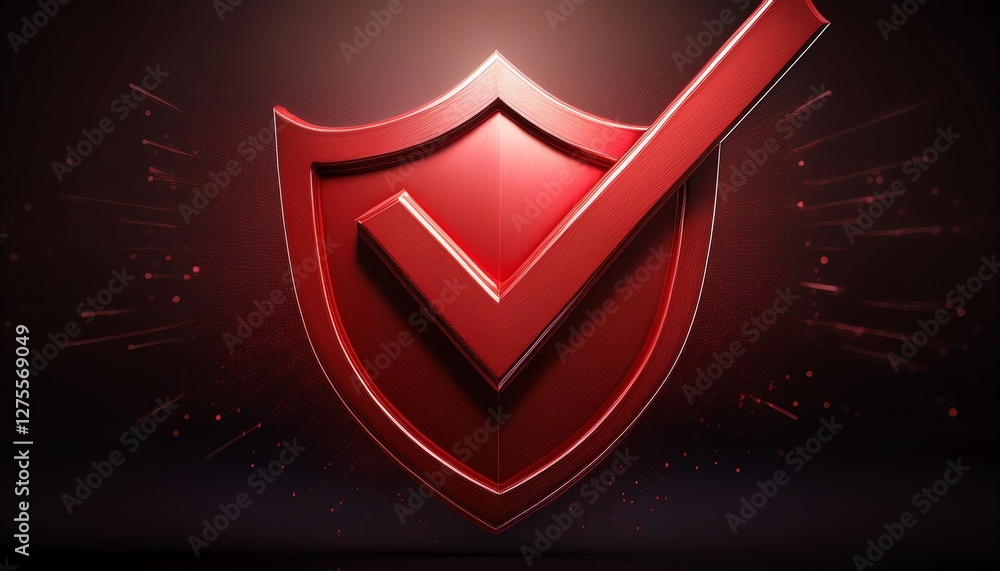 Poster a glossy red shield with a checkmark, symbolizing security and approval, set against a dark backgrou