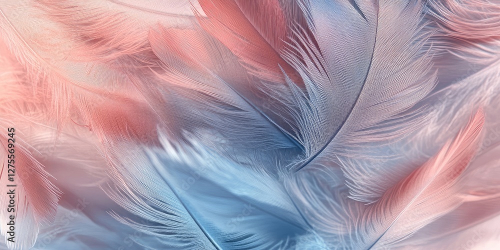 Poster soft pastel feathers in shades of pink and blue gracefully layered, creating a serene and ethereal b