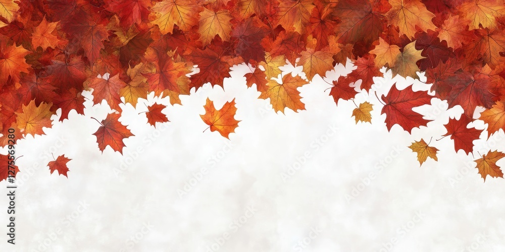 Poster autumn backdrop with vibrant red and orange maple leaves at the top, creating a light neutral area b