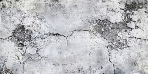 Obraz premium Cracked grey concrete wall texture with weathered white and dark patches, showcasing deep fissures and rough surface imperfections.