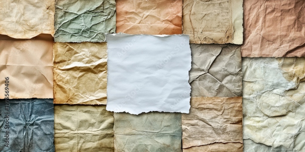 Poster old paper texture with wrinkled edges in warm earthy tones, arranged in a collage with a blank cente