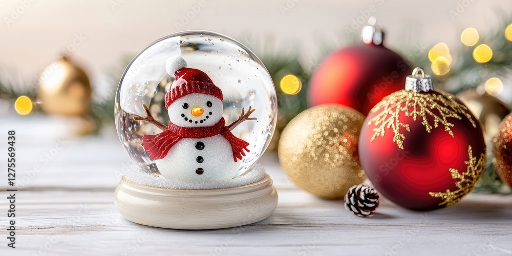 Poster snow globe with a cheerful snowman wearing a red hat and scarf surrounded by festive red and gold or