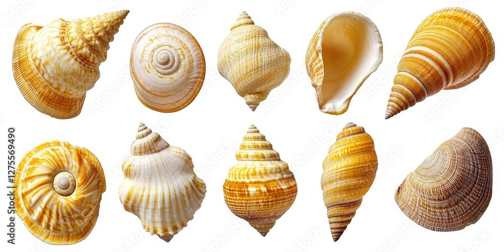 Poster Collection of assorted seashells in shades of cream and yellow arranged in a symmetrical layout on a white background showcasing diverse textures.
