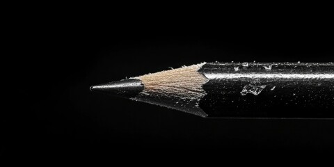 Monochromatic close-up of a broken pencil tip in shades of black and gray, featuring a dark background with ample negative space for text.