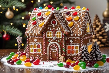 Naklejka premium Enchanting Gingerbread House Design Featuring Colorful Jelly Beans Chocolate Frosting and Sparkling Sugar for a Festive Holiday Story
