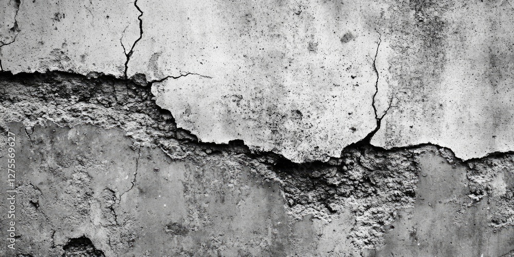 Poster cracked concrete wall texture in grayscale showcasing rough surface with visible fissures and fragme