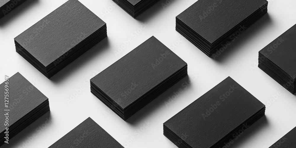 Poster Neatly arranged horizontal black business cards stacked in rows on a textured white backdrop showcasing minimalist design and organization