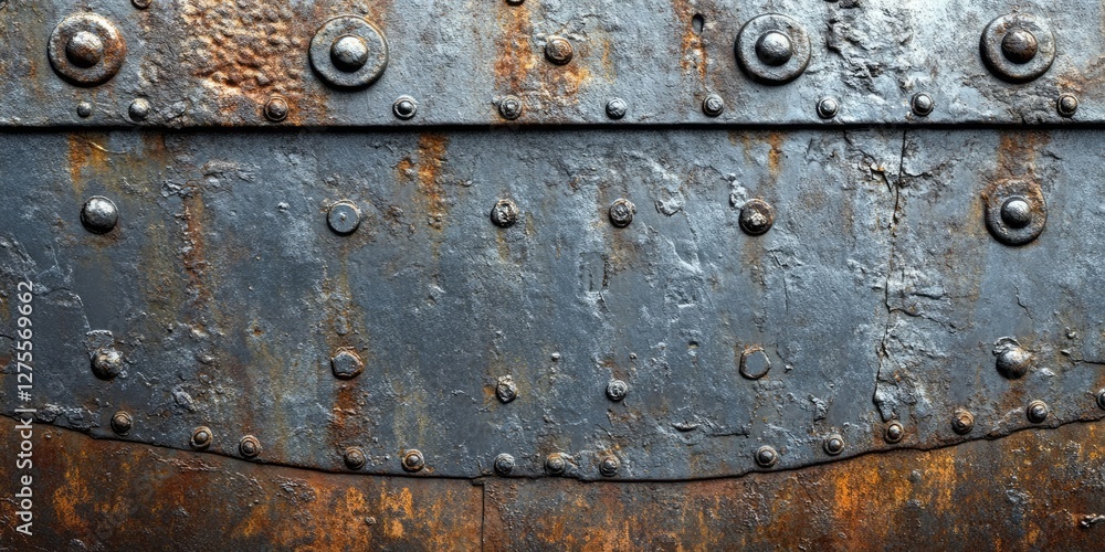 Poster Rusty metal surface with rivets in dark blue and rusty orange tones, featuring textured patterns and a weathered finish, ideal for vintage aesthetics.