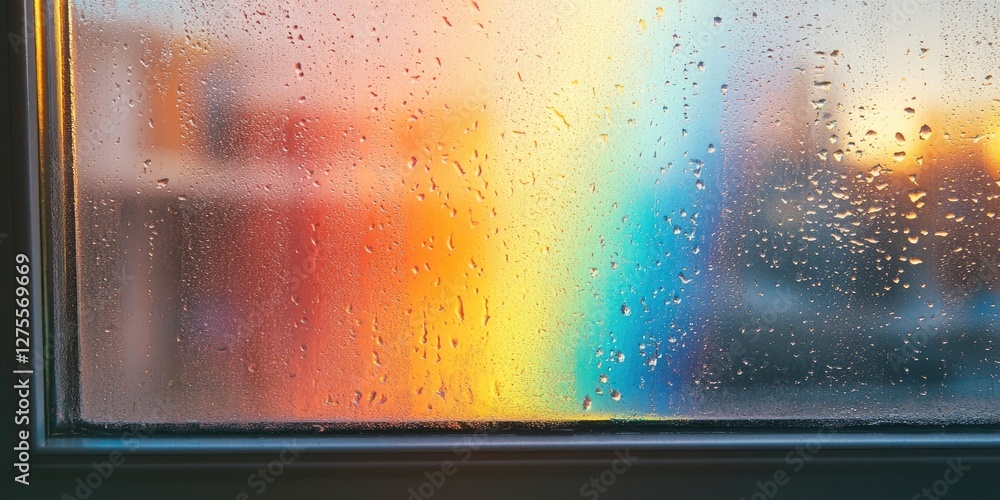 Aufkleber Vivid rainbow arching through a rain-drenched window with droplets on glass creating a serene blend of colors and textures in a soft evening light