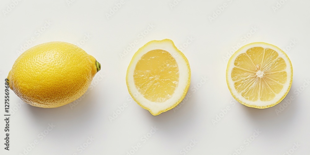 Poster fresh lemons displayed on a white background featuring a whole lemon on the left, a halved lemon in 