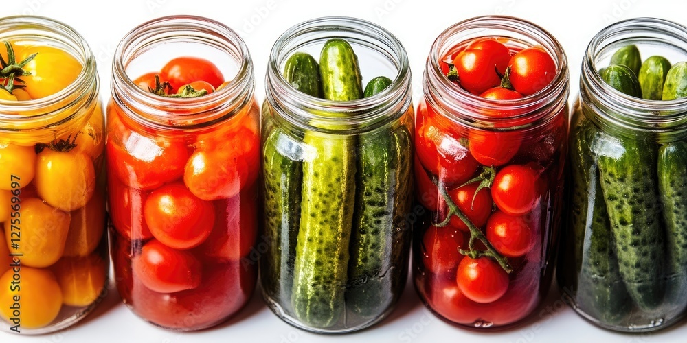 Poster colorful jars filled with vibrant yellow and red tomatoes and fresh green cucumbers lined in a row o