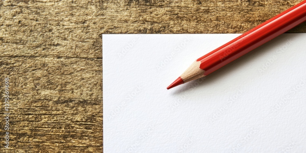Poster white note paper positioned on a textured wood surface with a vibrant red colored pencil resting dia