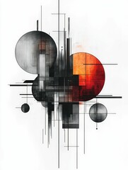 Abstract geometric art red black grayscale circles