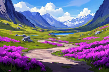 Fototapeta premium Winding path through blooming fields in a majestic mountain valley