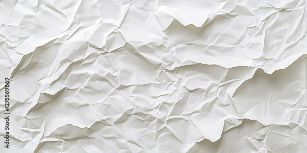 Poster crumpled white paper texture with varying folds and shadows creating depth against a clean light bac