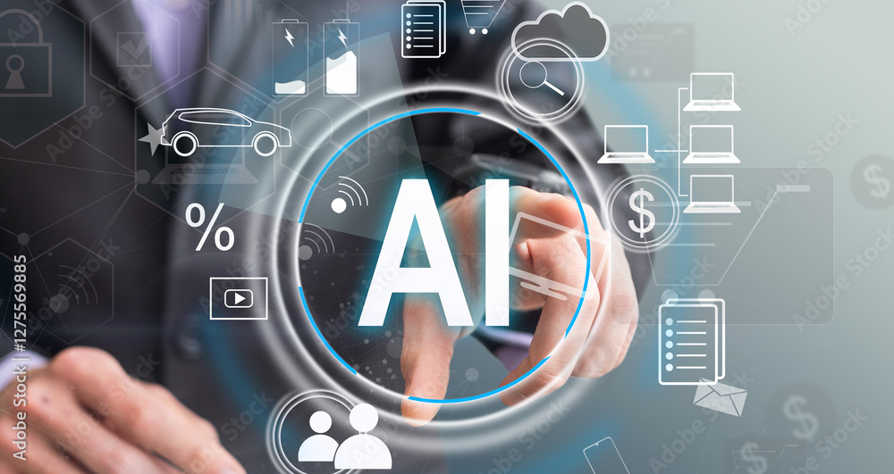 Poster technology and people concept man use ai to help work, ai learning and artificial intelligence conce