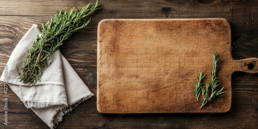 Poster Rustic wooden table featuring a top view of a vintage cutting board left empty with fresh rosemary and a linen napkin positioned on the side