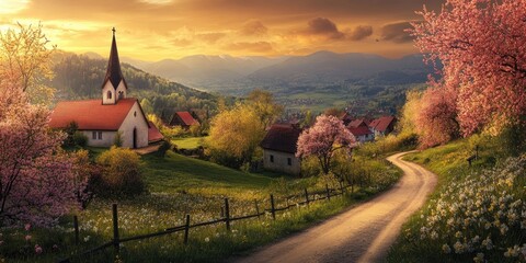 Fototapeta premium Charming village landscape in spring with vibrant pink cherry blossoms on the sides, a serene church with a spire, and a winding dirt road at sunset.