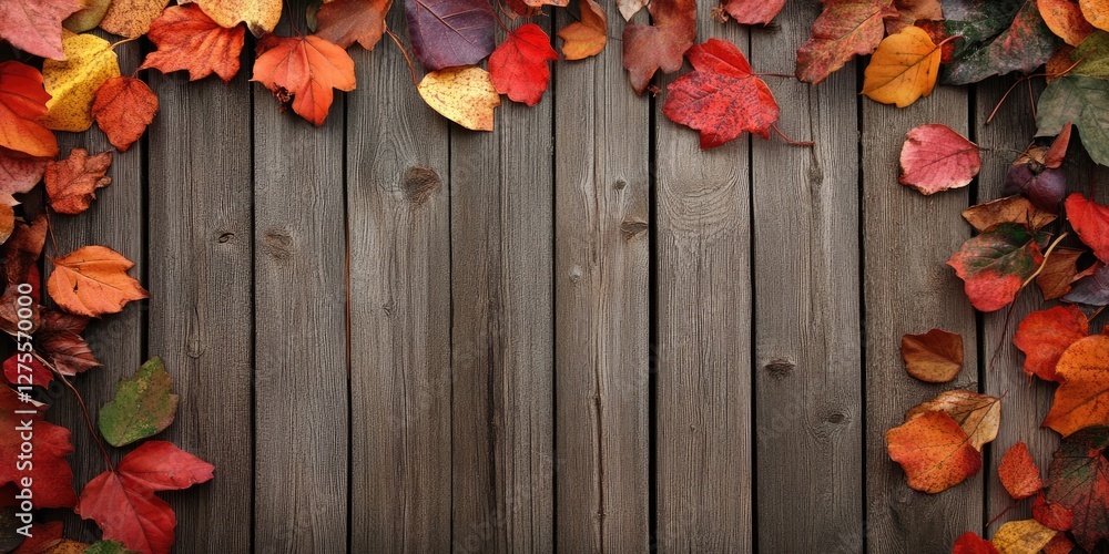 Poster Autumn leaves in vibrant reds and oranges frame a rustic timber backdrop with subtle wood grain texture providing ample horizontal copy space.