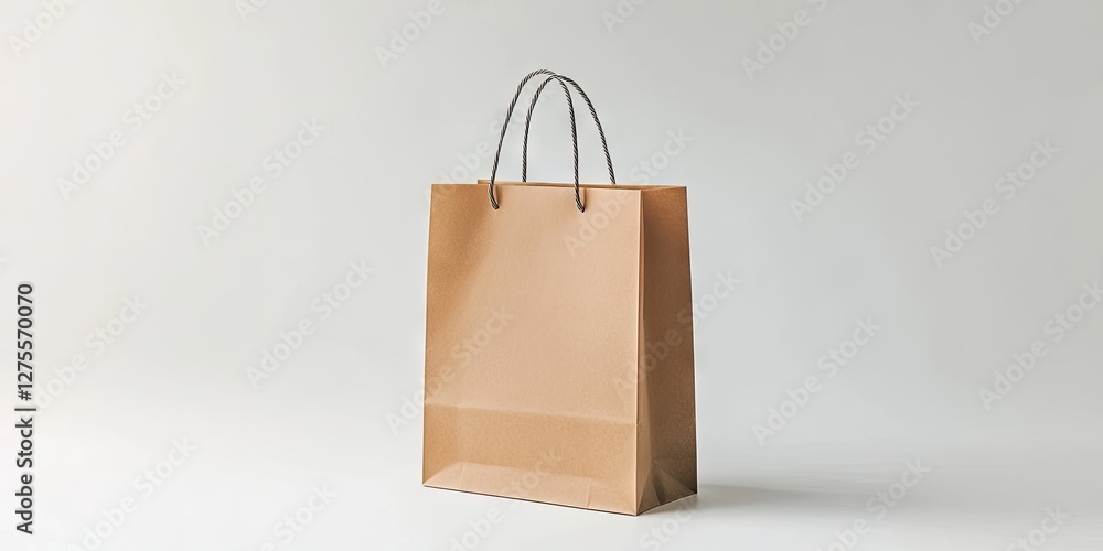 Aufkleber brown paper shopping bag with comfortable handles positioned left against a soft white background, i