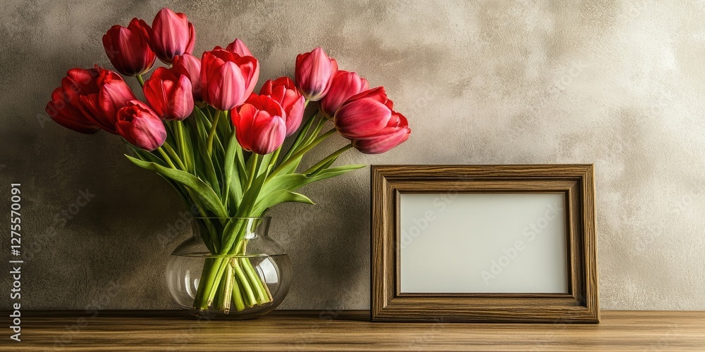 Poster vibrant red tulips in a clear vase on a rustic wood table beside an empty wooden frame against a tex
