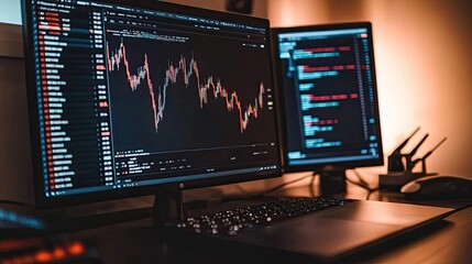 Modern Workspace with Computer Screens Displaying Financial Data Analytics