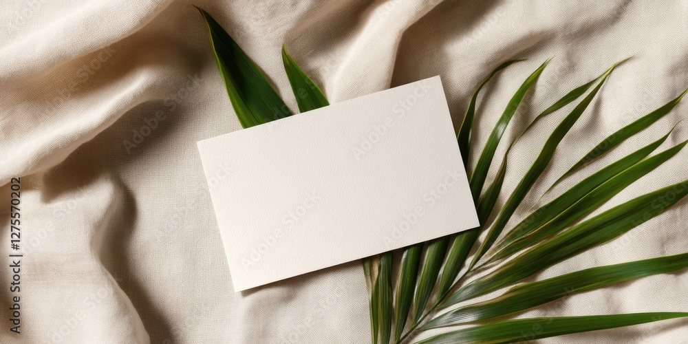 Fototapete blank card mockup on green palm leaf atop soft beige linen fabric creating an elegant minimalist com