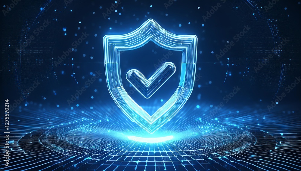 Poster a glowing digital shield with a checkmark, symbolizing cybersecurity and protection in a high-tech e