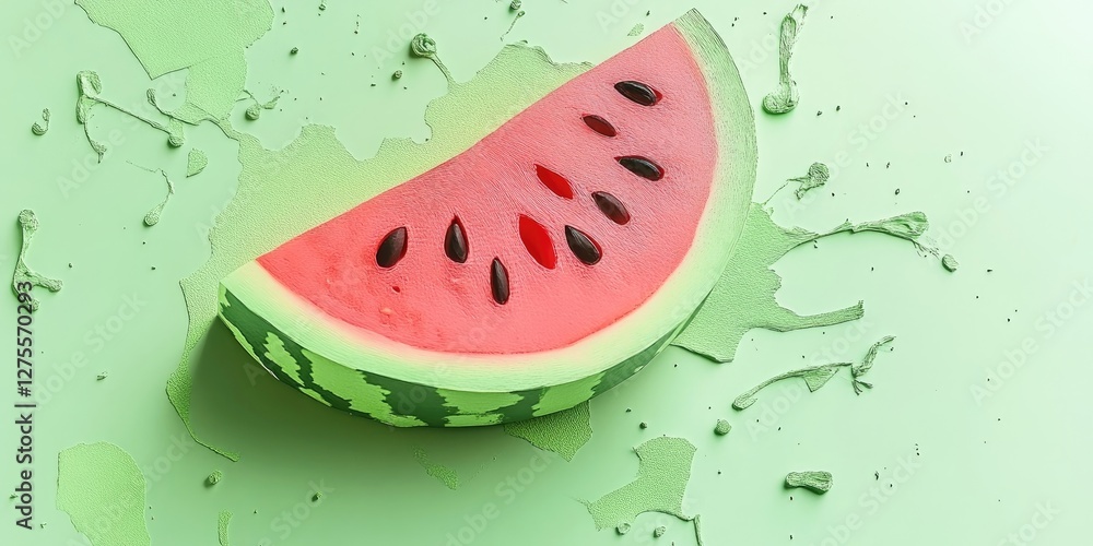 Poster vibrant watermelon slice placed on soft green pastel backdrop with artistic splashes and seeds, crea