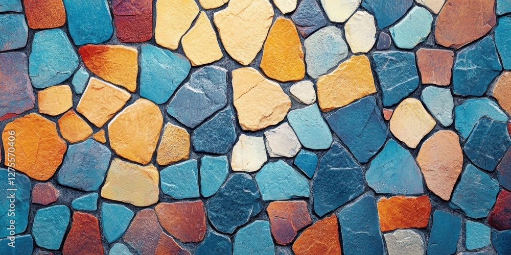 Fototapete abstract mosaic pattern backdrop in blue, orange, and teal tones with irregular shaped stones, ample