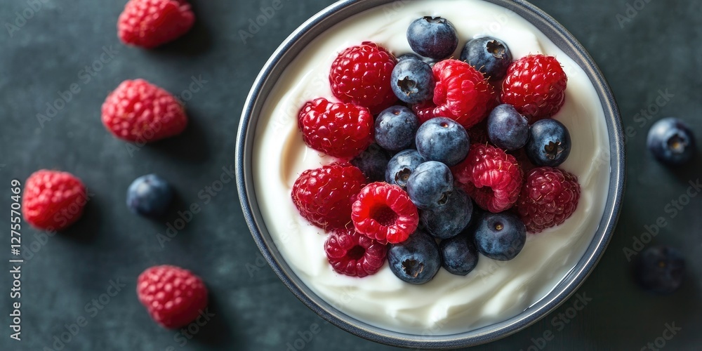 Poster nutritious breakfast of greek yogurt in a clear bowl topped with vibrant red raspberries and blue bl