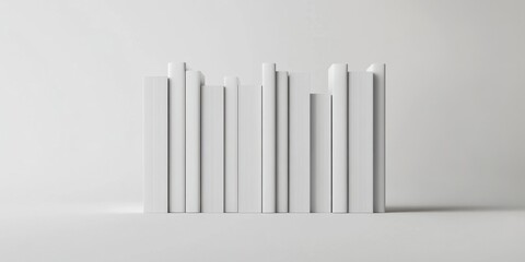 Collection of white books standing upright on a light gray surface with a completely white background emphasizing their isolated appearance