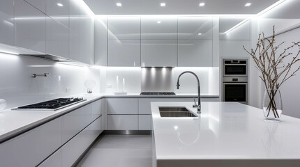 The modern and elegant kitchen is completely finished in white glossy finish, creating a feeling of impeccable cleanliness and spaciousness.