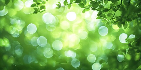 Fototapeta premium Green bokeh effect with vibrant soft foliage in shades of green and blue circles, creating a fresh abstract blurred background for design use.