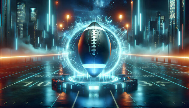 American Football Futuristic sci-fi inspired scene featuring a glowing holographic American football hovering over a n3