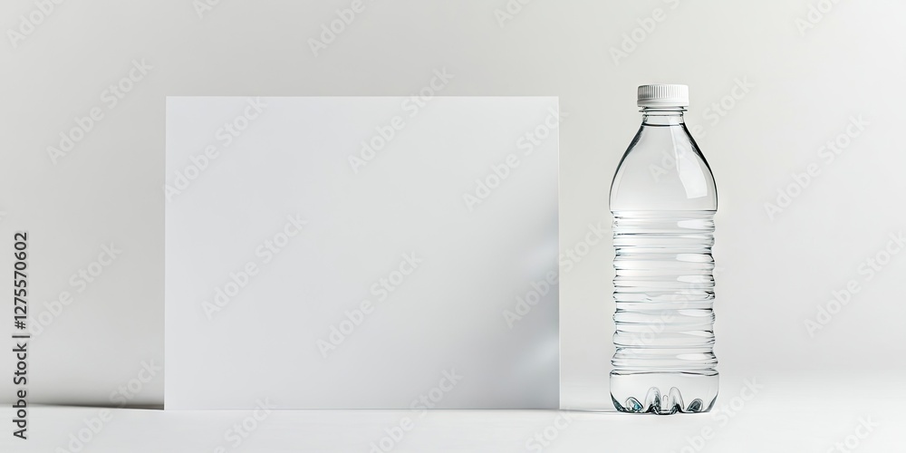 Poster close up of a blank white paper sheet positioned left next to a transparent water bottle on a clean 