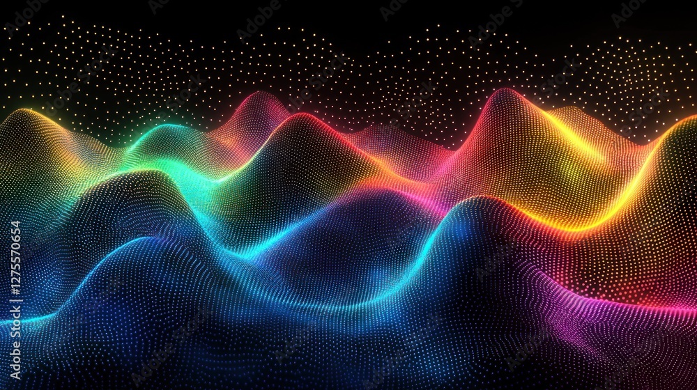 Poster abstract rainbow data visualization: vibrant colorful waves of digital information