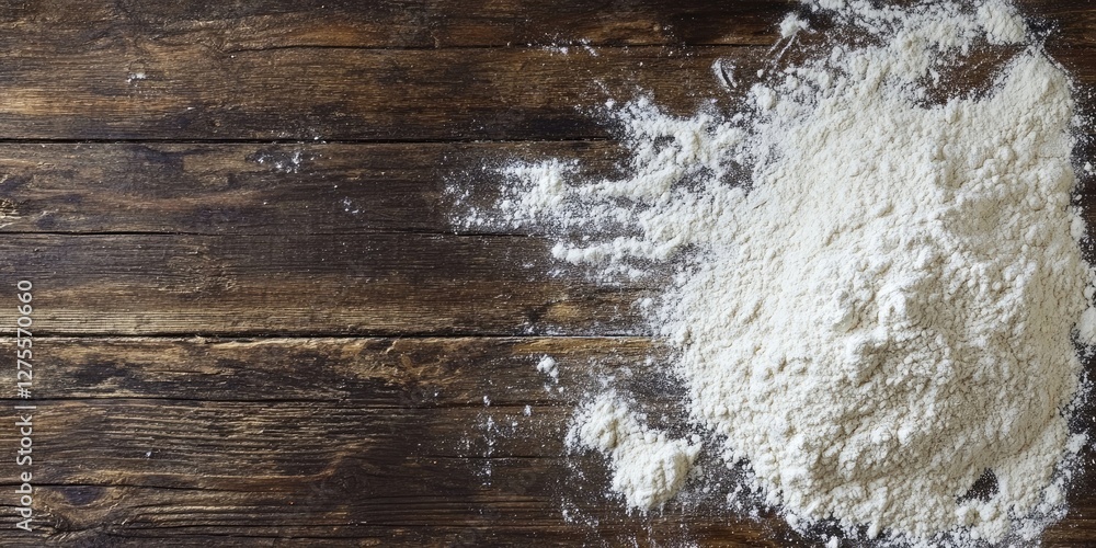 Poster rustic wooden table with a dusting of white flour in the lower left, creating ample copyspace in the
