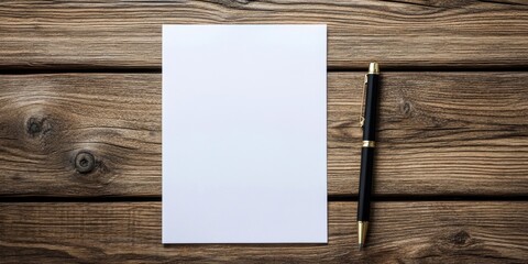 Blank white notepaper positioned centrally with a black pen on the right on a rustic brown wooden background creating a professional workspace scene