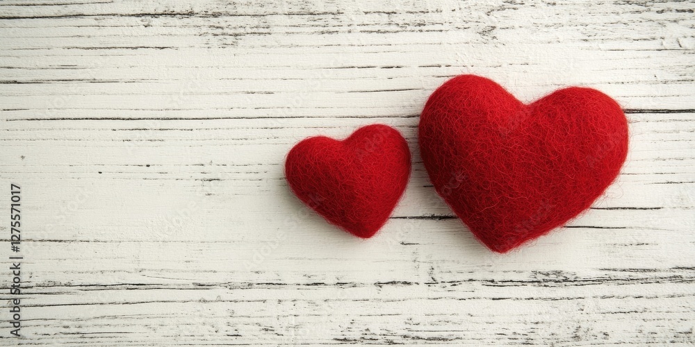 Poster Red felt hearts in varying sizes on a textured white wooden background with visible grain patterns, creating a warm and romantic atmosphere.