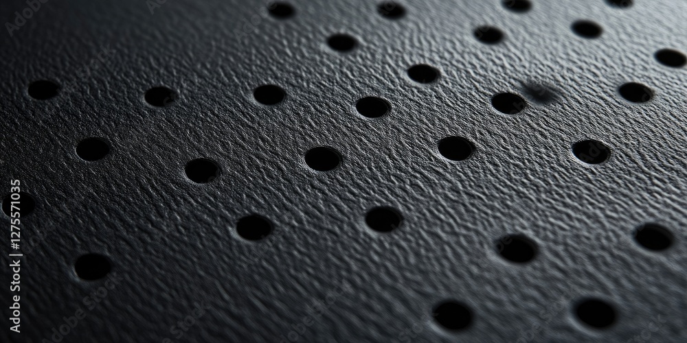 Poster textured black leather surface with evenly spaced perforations in a grid pattern showcasing rich det