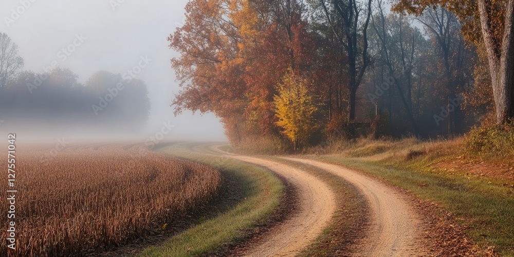 Poster serene foggy landscape with a winding dirt road bordered by golden autumn trees in soft greens and b