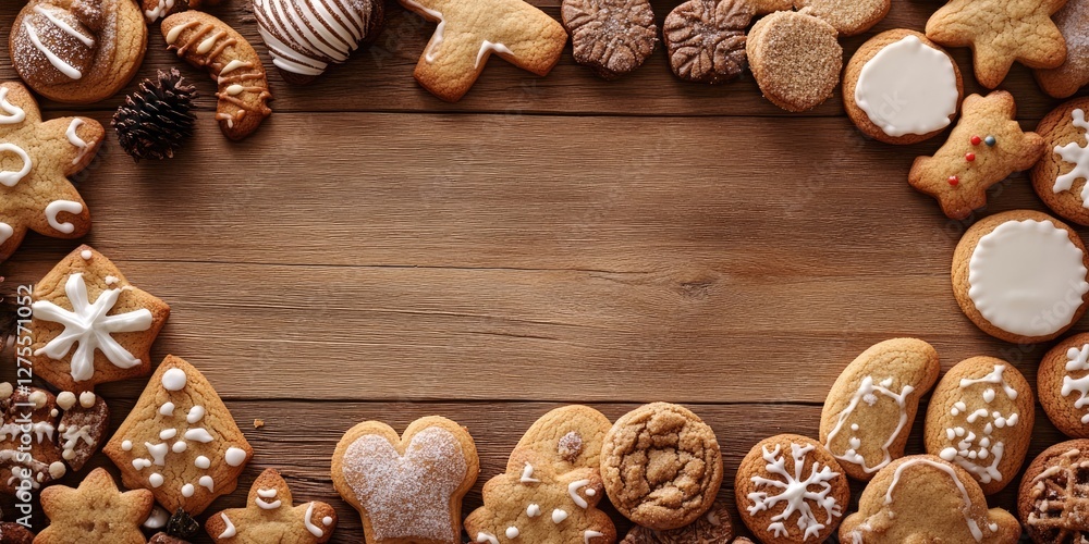 Poster festive assortment of decorative gingerbread cookies on a warm wooden background, arranged in a bord