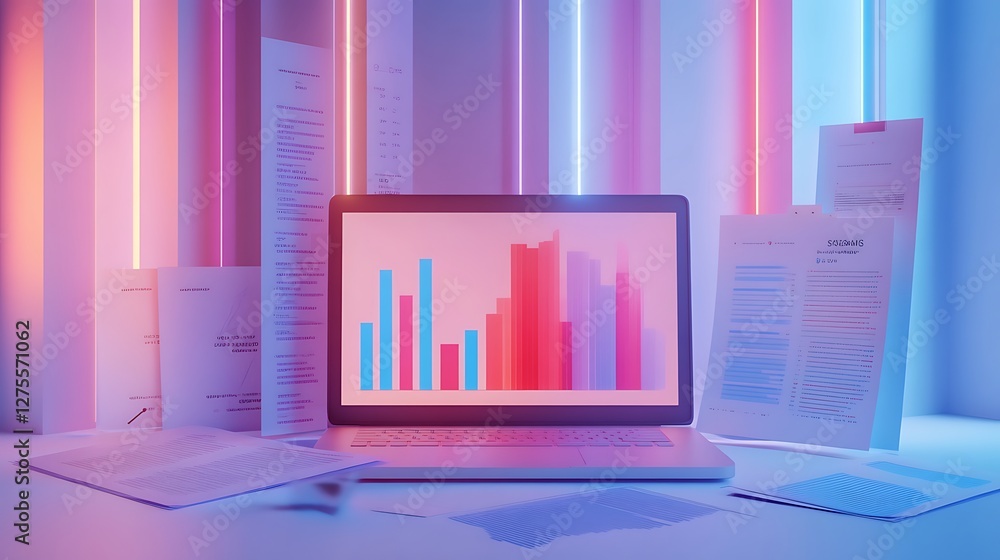 Poster laptop with 3d bar chart and business documents, a laptop displaying a 3d bar chart on its screen, s