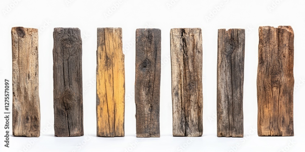 Poster aged wooden planks displayed vertically in a linear arrangement against a clean white background sho