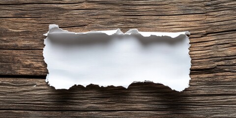 Close up view of a jagged paper fragment with a blank center on an aged wooden surface perfect for message placement. Natural tones with texture contrast.