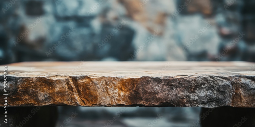 Poster stone table in foreground with textured surface, cool grey tones, and blurred earthy background addi