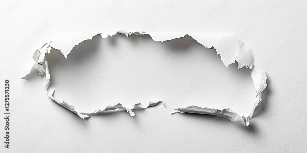 Poster torn white paper corner with jagged edges on a smooth white background creating blank space for text