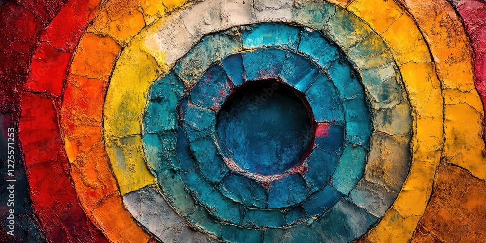 Poster Colorful concentric circles with vibrant reds oranges yellows greens and blues creating a textured layered effect centered on a deep blue core.