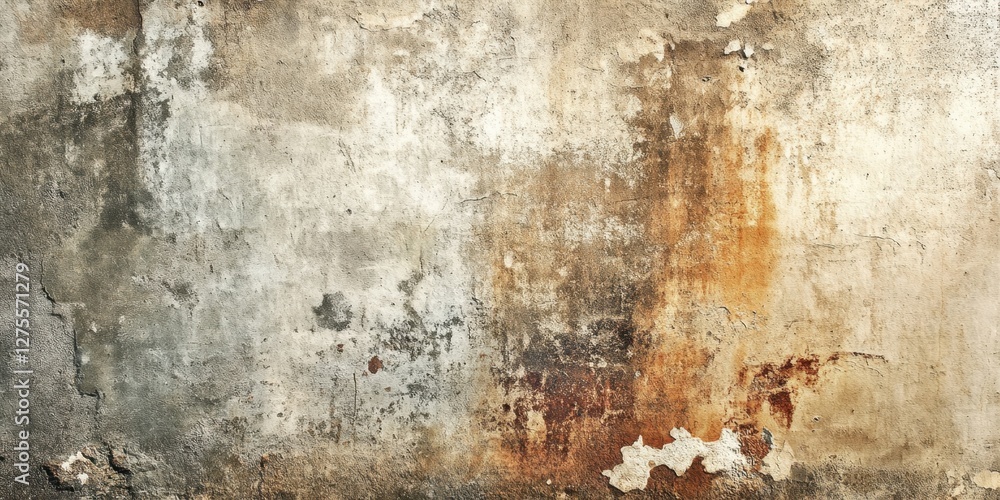 Poster Grunge textured concrete wall with rust and stains in earthy tones of grey brown and orange displayed in a horizontal orientation.